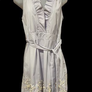 Vintage Theme Dress Medium Sleeveless Belted Crème Beading Light Blue Stripes